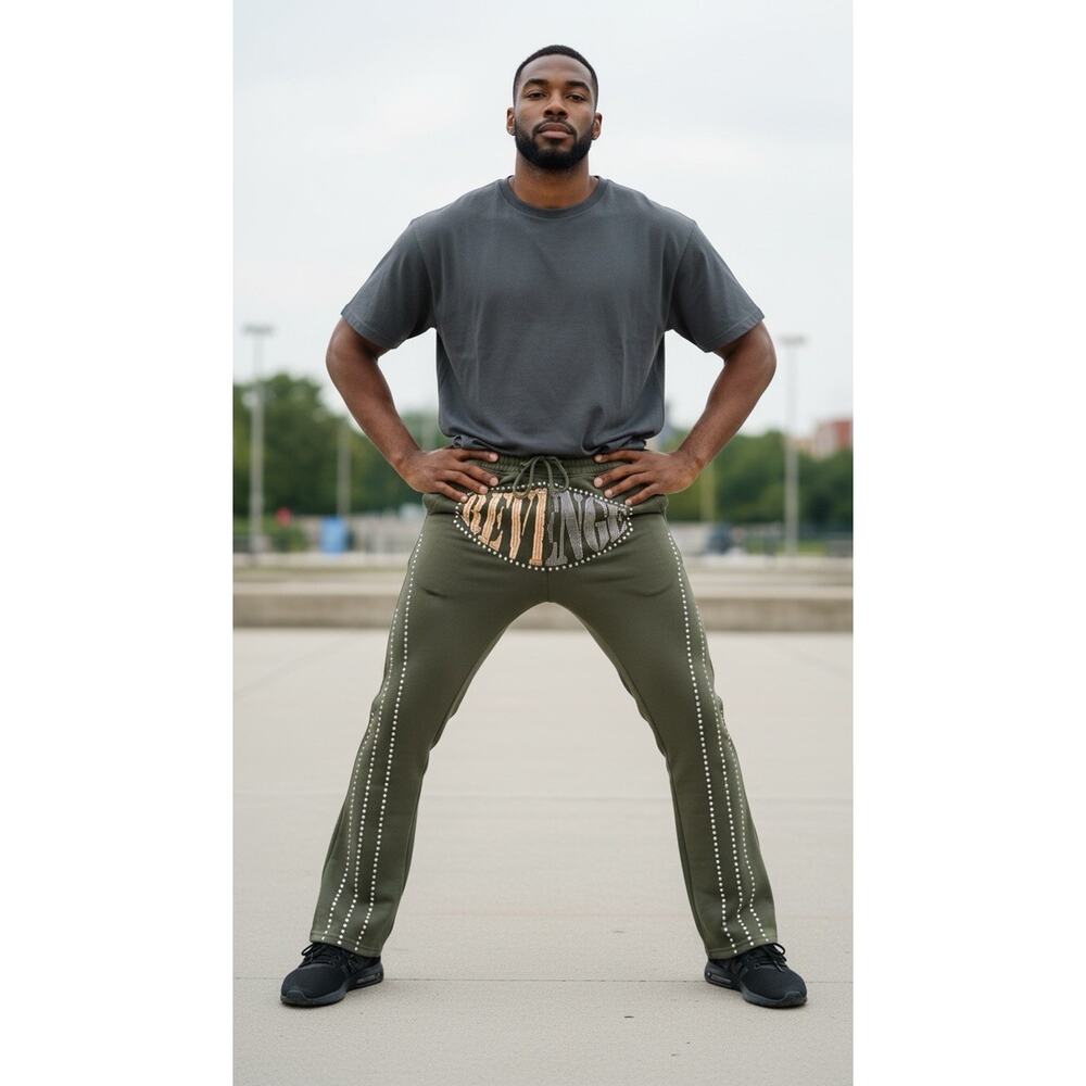 Copper Rivet Men's Olive Flared Sweatpants Rhinestones Drawstring Elastic M